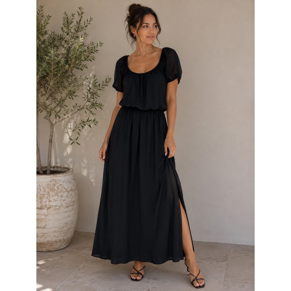Peach Love California Black Maxi Dress Short Flutter Sleeve Elastic Waist Large